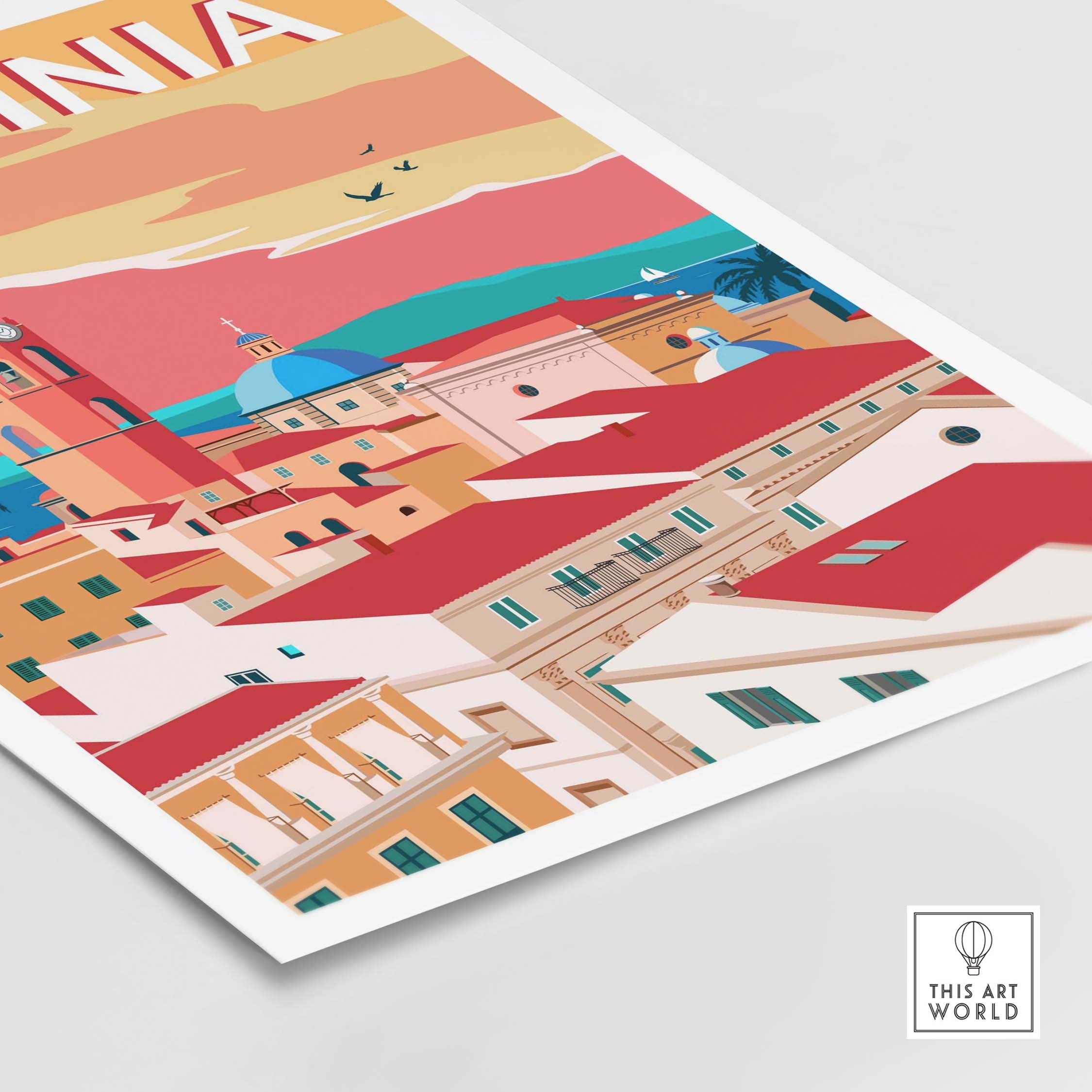 Sardinia Poster Print showcasing minimalist travel art with vibrant colors and coastal architecture.