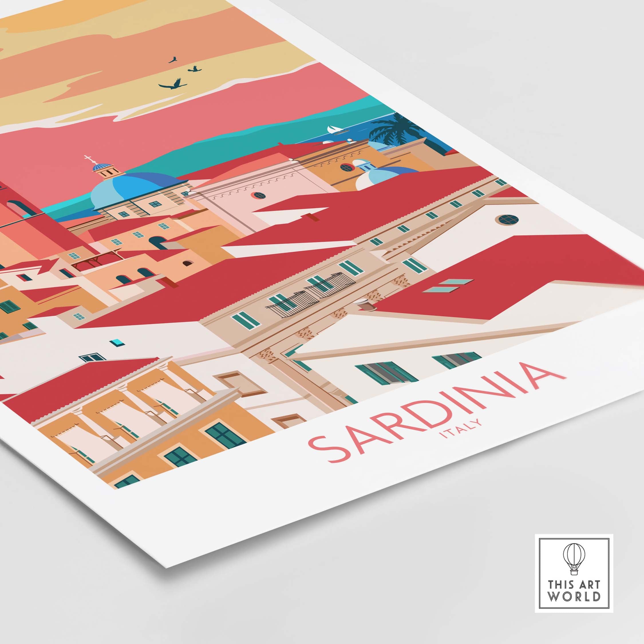 Sardinia Print Italy Travel Poster showcasing colorful buildings and scenic views of Sardinia.