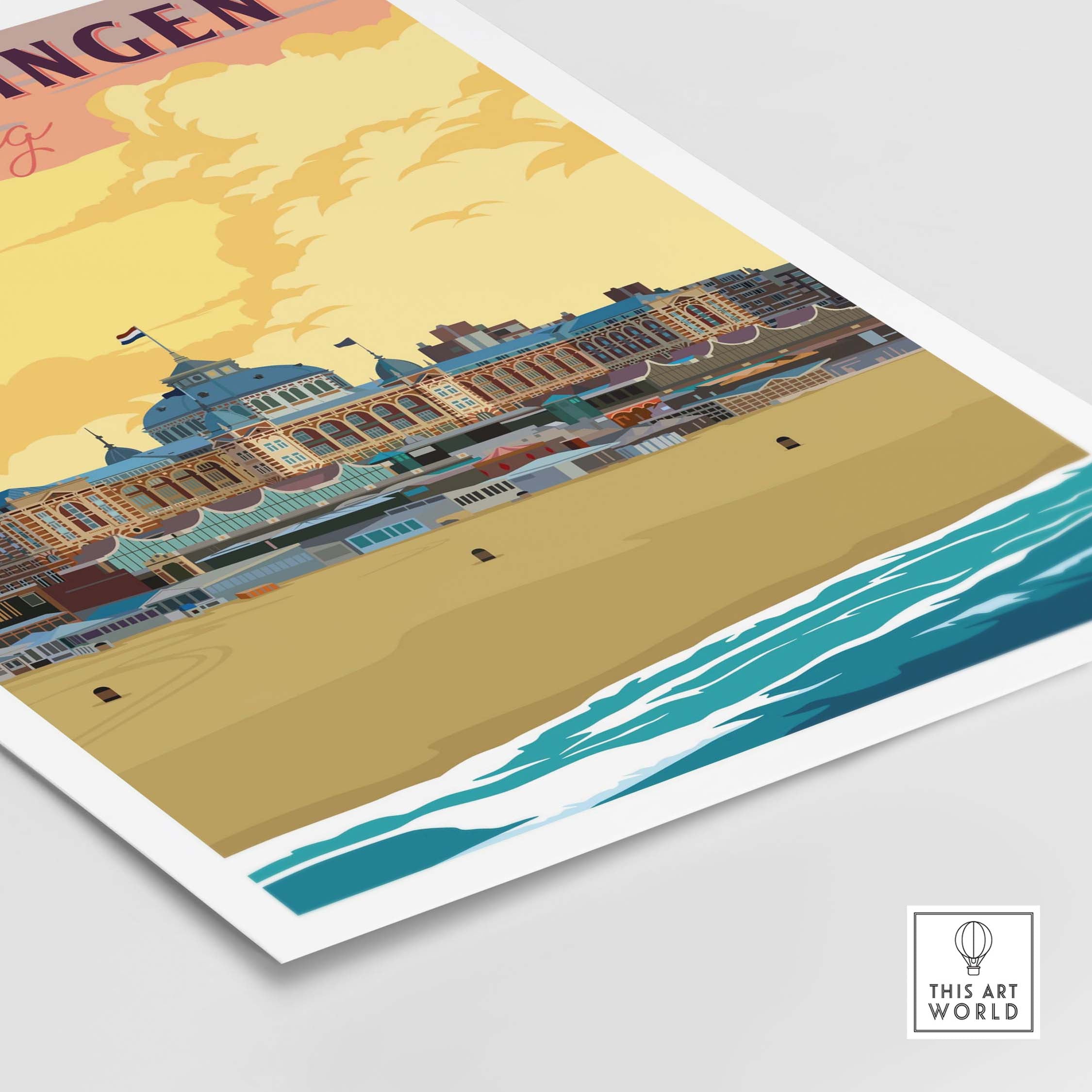 Scheveningen poster of Den Haag, Netherlands, showcasing vintage beach scene and vibrant colors.