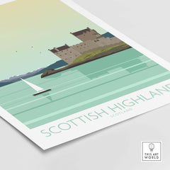 Minimalist Scottish Highlands art print featuring a castle and sailboat over serene waters, perfect for home decor.