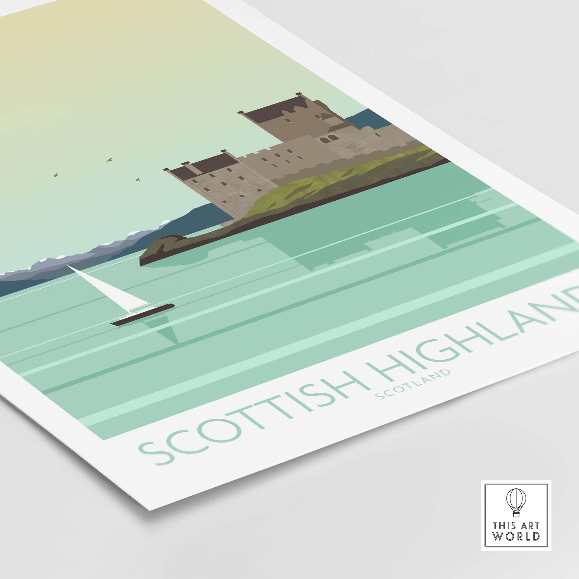 Minimalist Scottish Highlands art print featuring a castle and sailboat over serene waters, perfect for home decor.