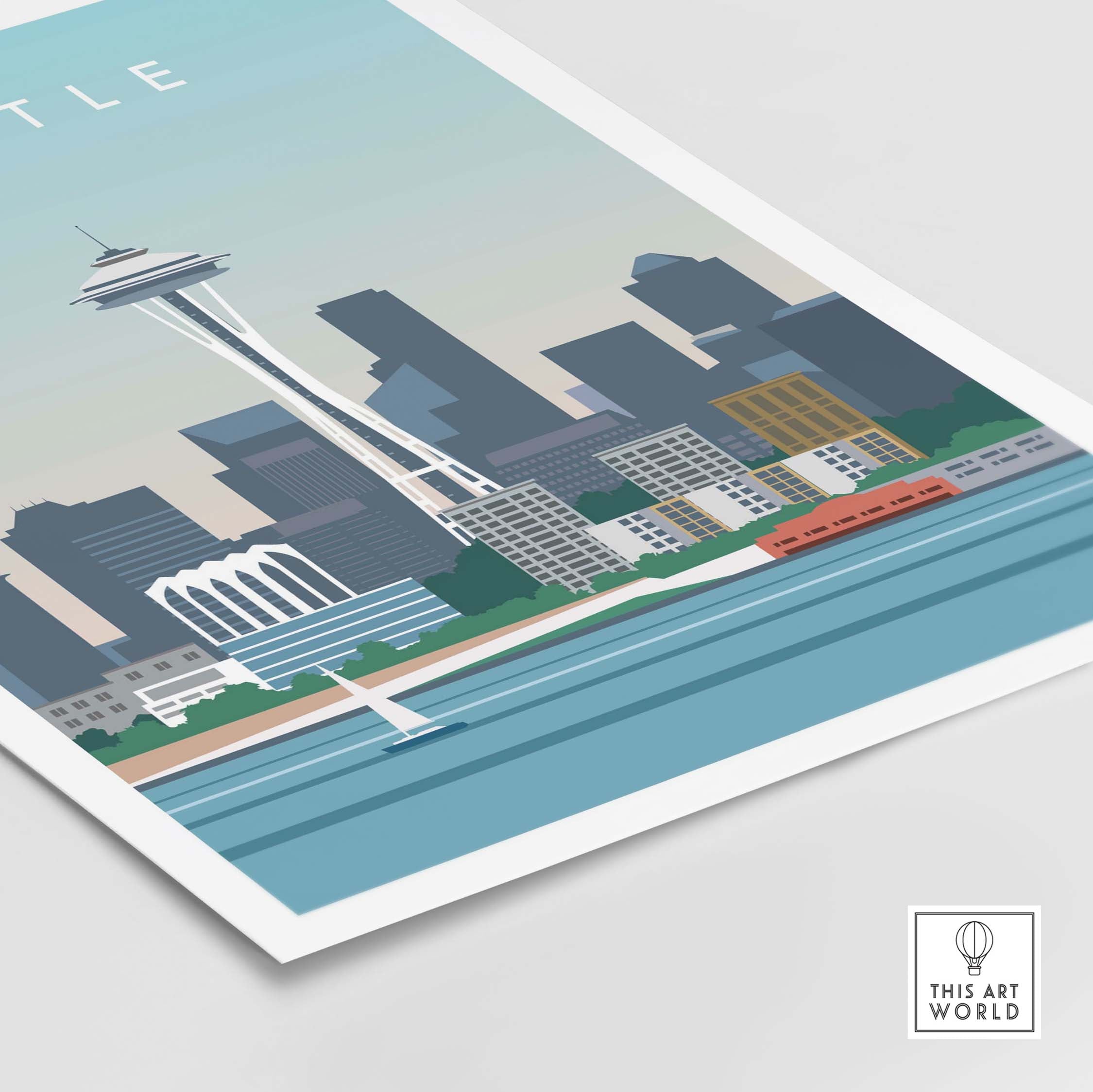 Seattle print wall art poster showcasing the Space Needle and skyline in vintage style, perfect for home decor.