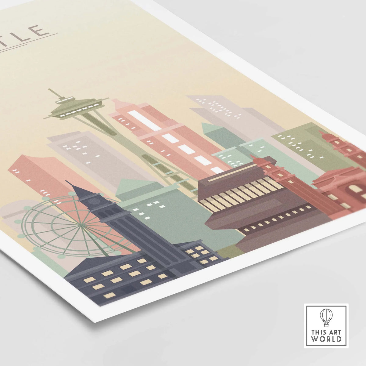 Seattle city skyline print featuring iconic buildings in warm pastel tones, perfect for wall art.