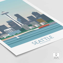 Seattle skyline poster print featuring the Space Needle and waterfront view, ideal for travel enthusiasts.