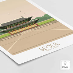 Seoul South Korea vintage travel poster featuring traditional architecture and pastel colors, perfect for home decor.