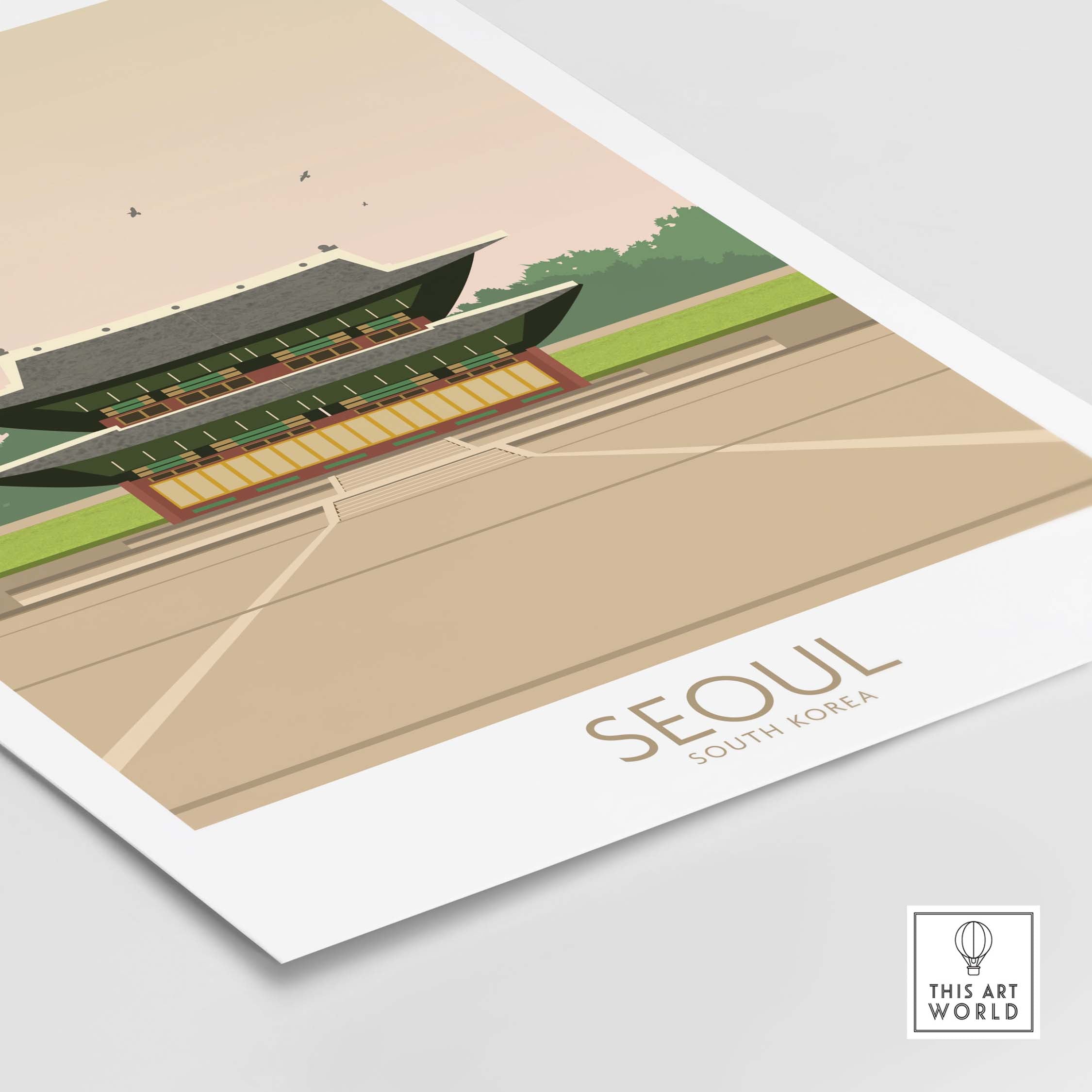 Seoul South Korea vintage travel poster featuring traditional architecture and pastel colors, perfect for home decor.