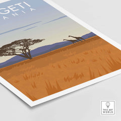 Serengeti Print Tanzania Travel Poster featuring giraffes and a beautiful landscape.