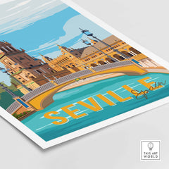 Vintage Seville print poster wall art featuring iconic buildings and a vibrant blue river.