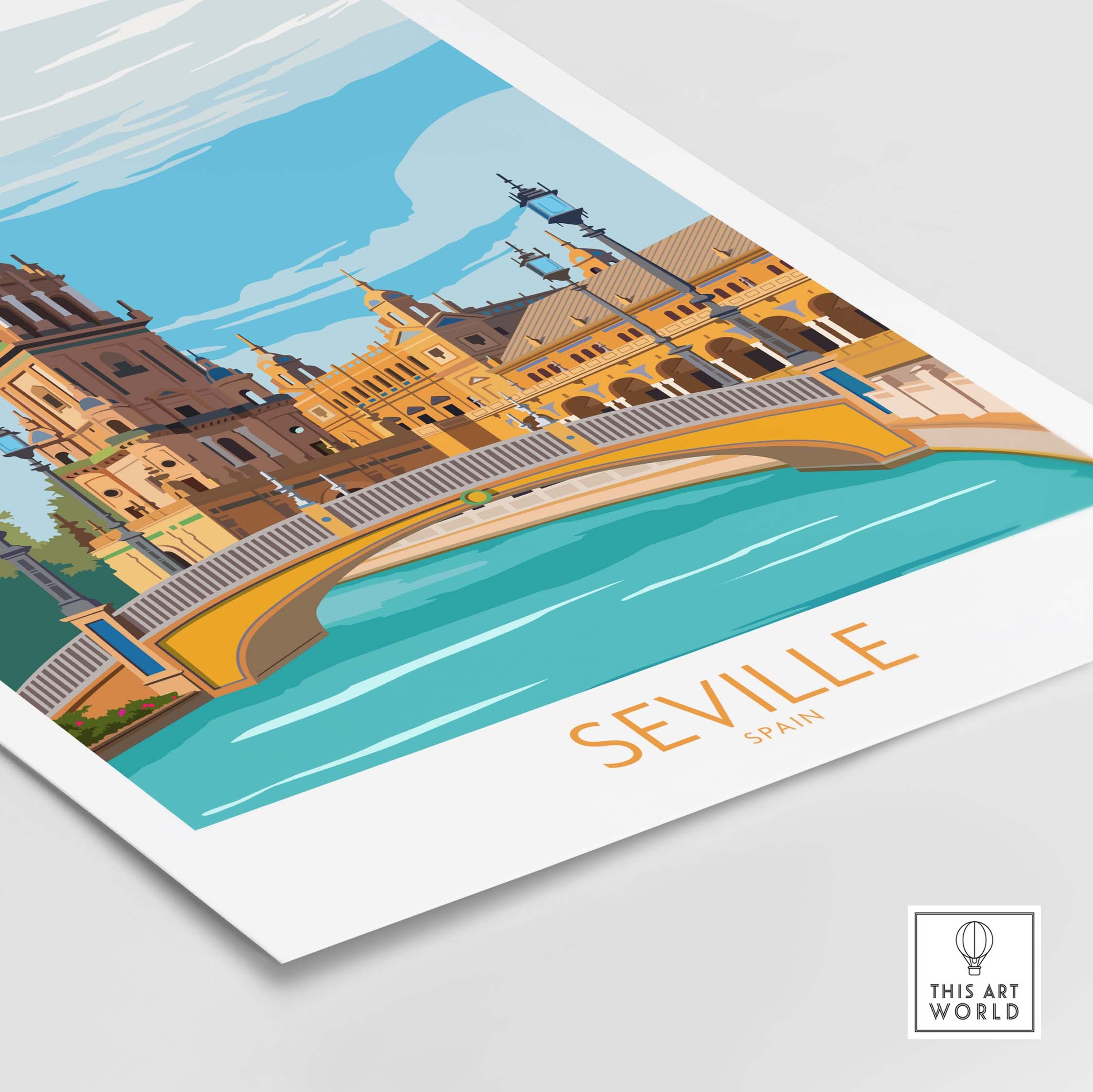 Seville Poster Travel Print showcasing a vibrant bridge and historic architecture in Seville, Spain.