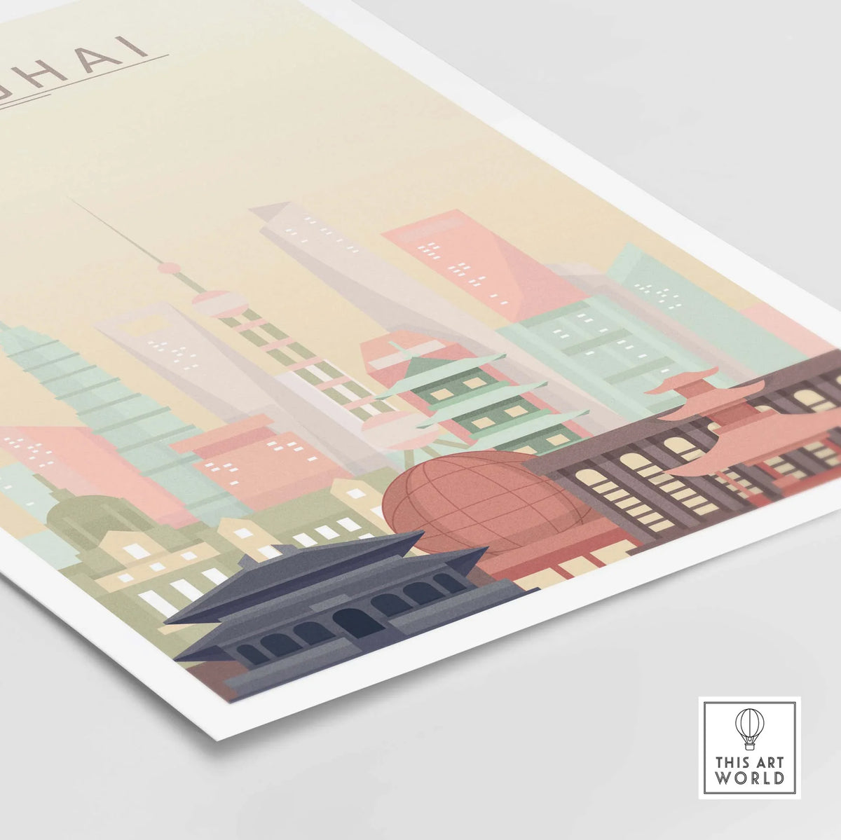 Shanghai Skyline Print showcasing iconic architecture in warm pastel tones, perfect for stylish wall art.