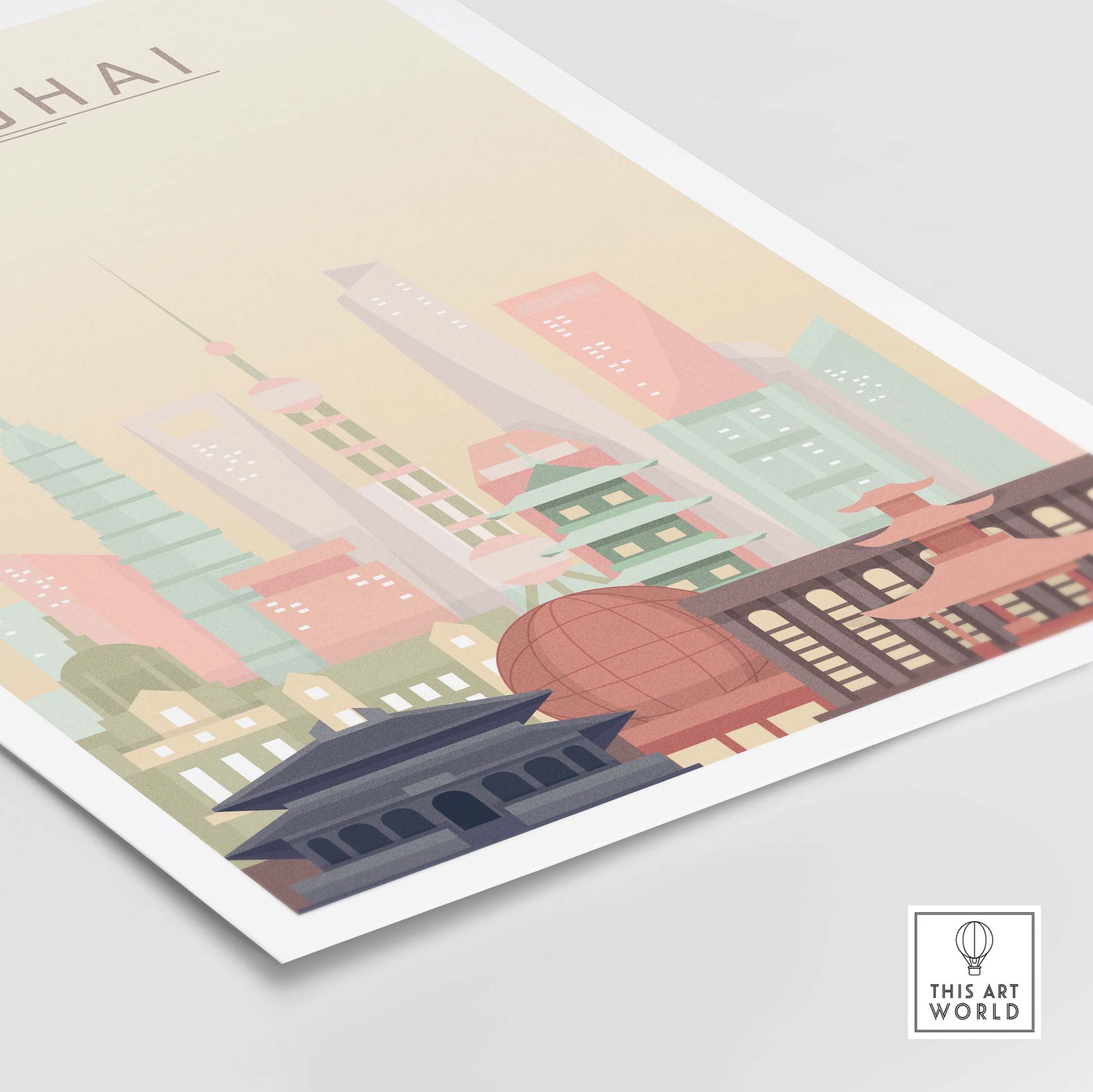 Shanghai Skyline Print showcasing iconic architecture in warm pastel tones, perfect for stylish wall art.
