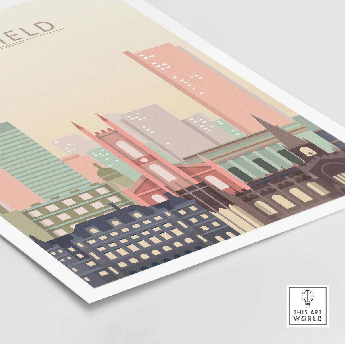 Sheffield City Skyline Poster in warm pastel tones showcasing iconic architecture and urban beauty.