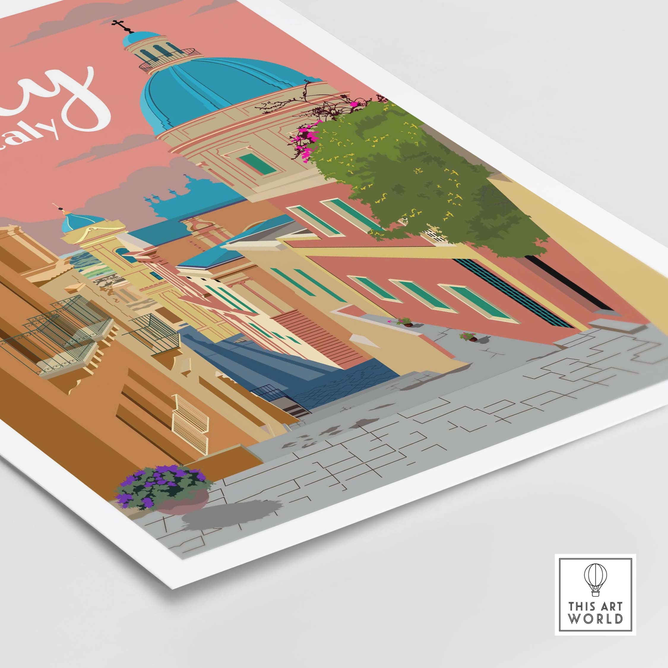 Sicily Print Italy Poster showcasing vintage travel style, featuring colorful street scenes and a charming dome.