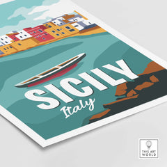 Sicily poster wall art print featuring a colorful coastal scene, inspired by vintage travel designs.