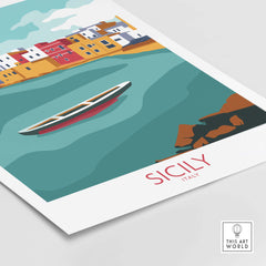 Sicily travel art print featuring colorful buildings, a boat, and ocean waves, perfect for home decor.