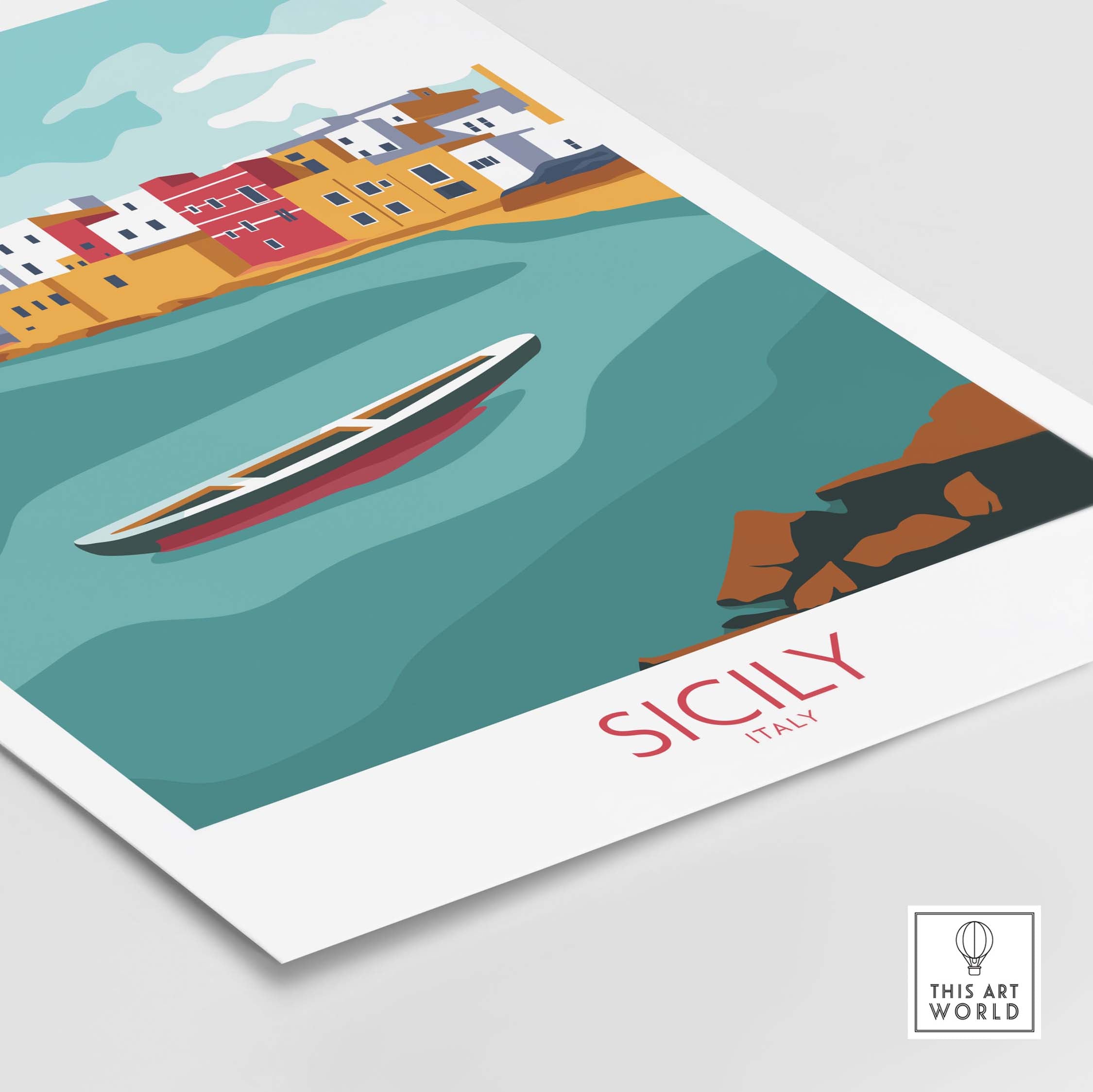 Sicily travel art print featuring colorful buildings, a boat, and ocean waves, perfect for home decor.
