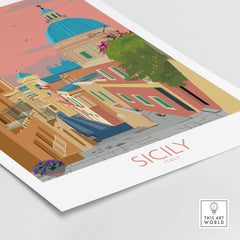Sicily poster wall art print featuring a colorful vintage design of Sicilian streets and buildings.