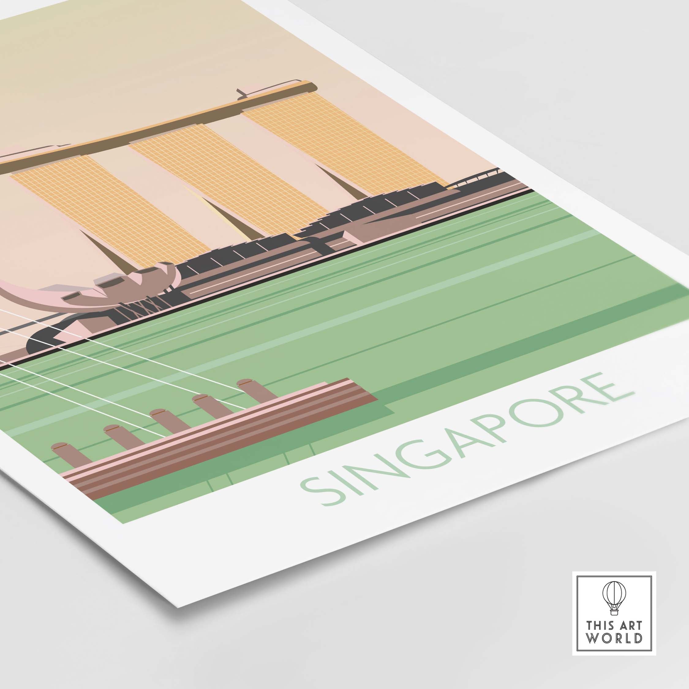 Vintage style Singapore print travel poster showcasing iconic landmarks and art-inspired design.