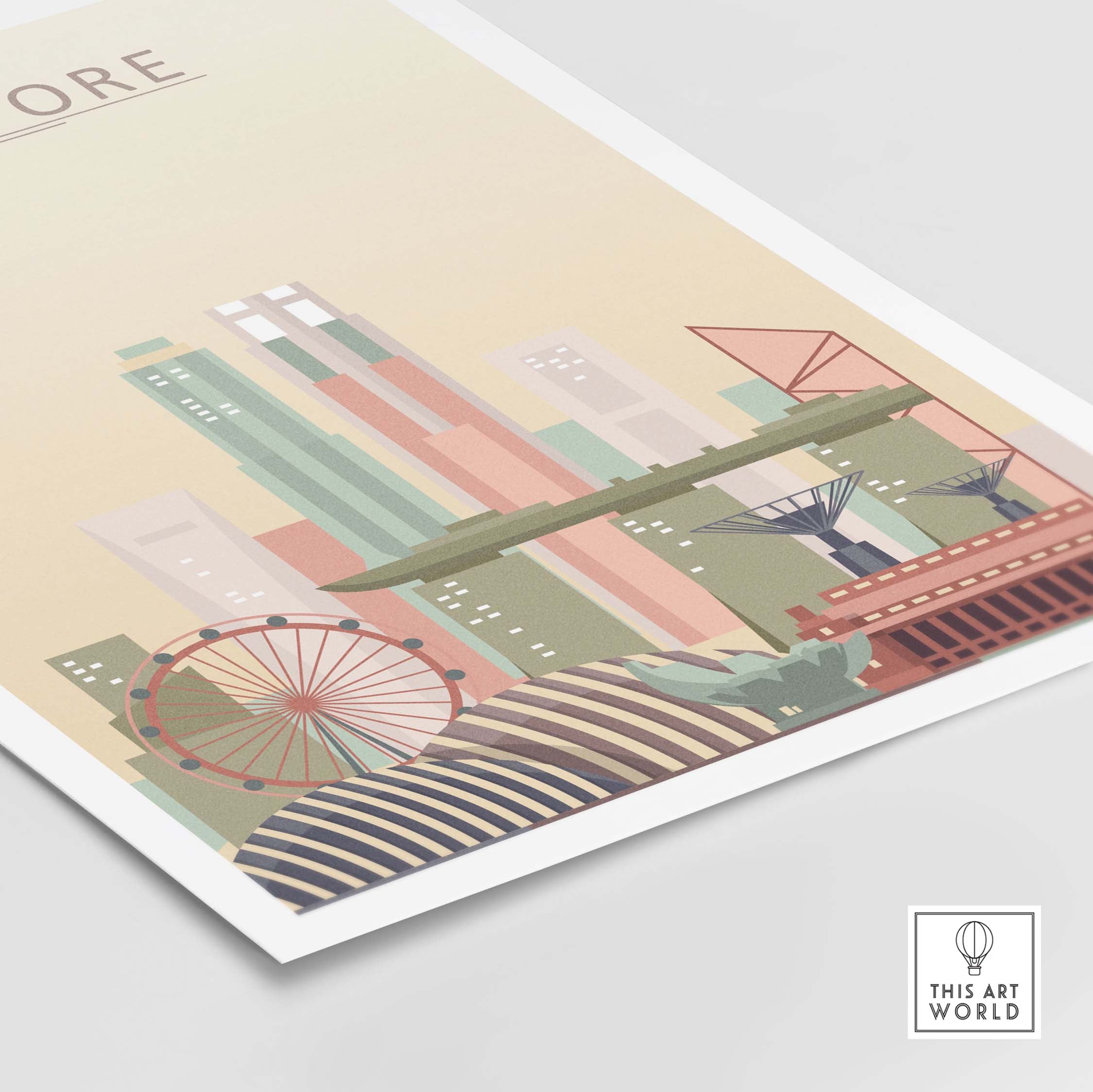 Singapore skyline wall art poster featuring iconic buildings and pastel colors for stylish home decor.