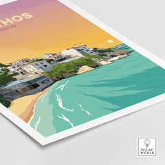 Skiathos Travel Poster Print featuring scenic coastline and vibrant sunset colors, perfect for home or office decor.