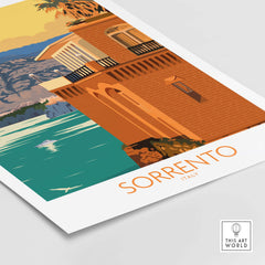 Sorrento Poster Travel Print featuring a coastal building and the Bay of Naples, perfect for Italian wall art decor.