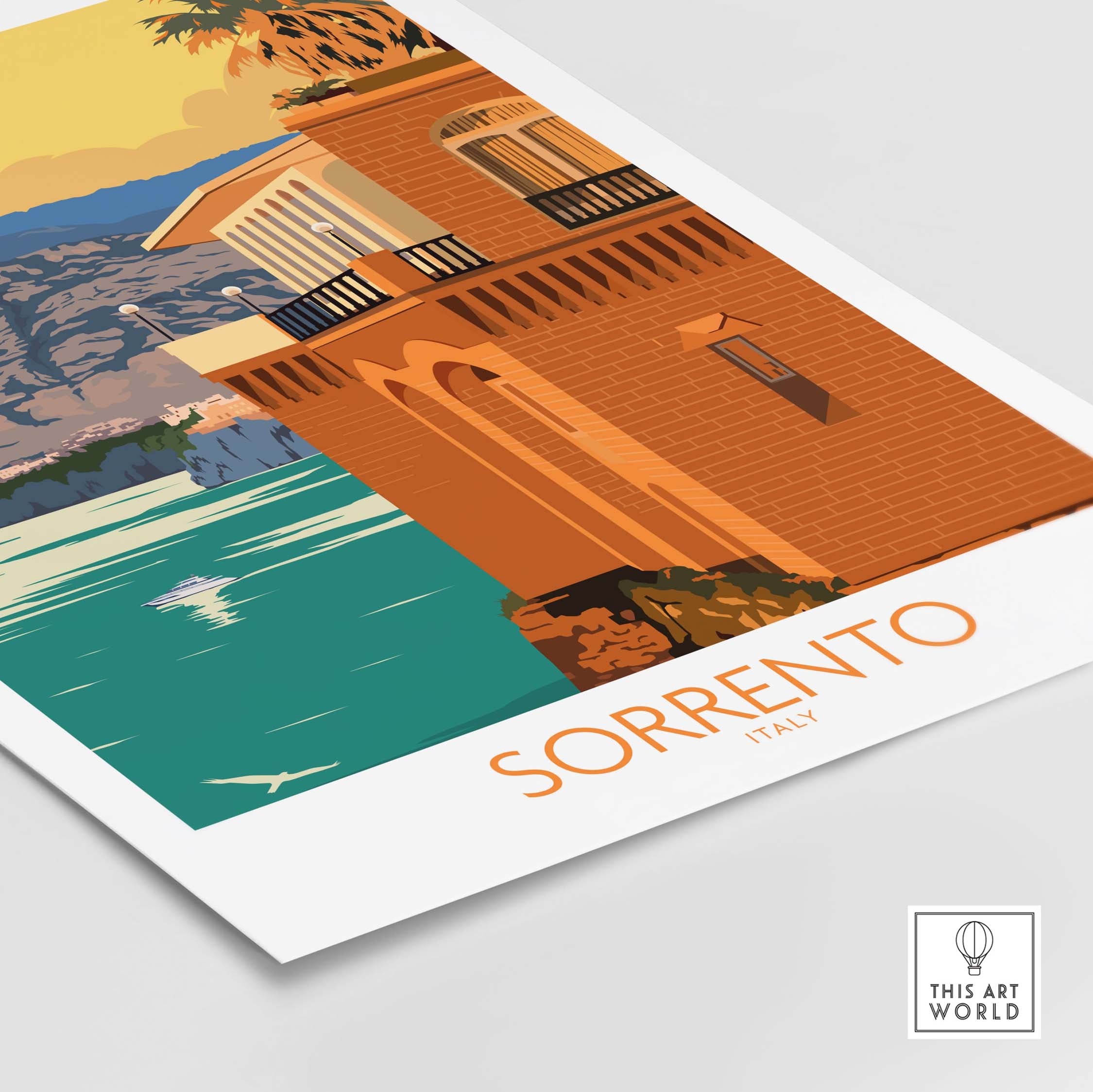 Sorrento Poster Travel Print featuring a coastal building and the Bay of Naples, perfect for Italian wall art decor.