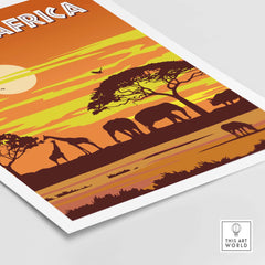 South Africa travel poster featuring elephants and giraffes at sunset, in a minimalist vintage style.