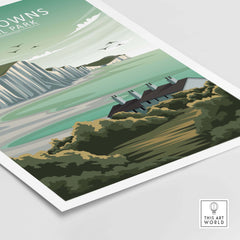 South Downs poster featuring cliffs and water, inspired by minimalist national park art, ideal for home decor.