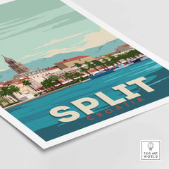 Split Croatia vintage travel poster art featuring coastal scenery and palm trees, perfect for home or office decor.