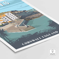 St Ives Poster Cornwall Print featuring a coastal landscape in minimalist style, ideal for home or office decor.