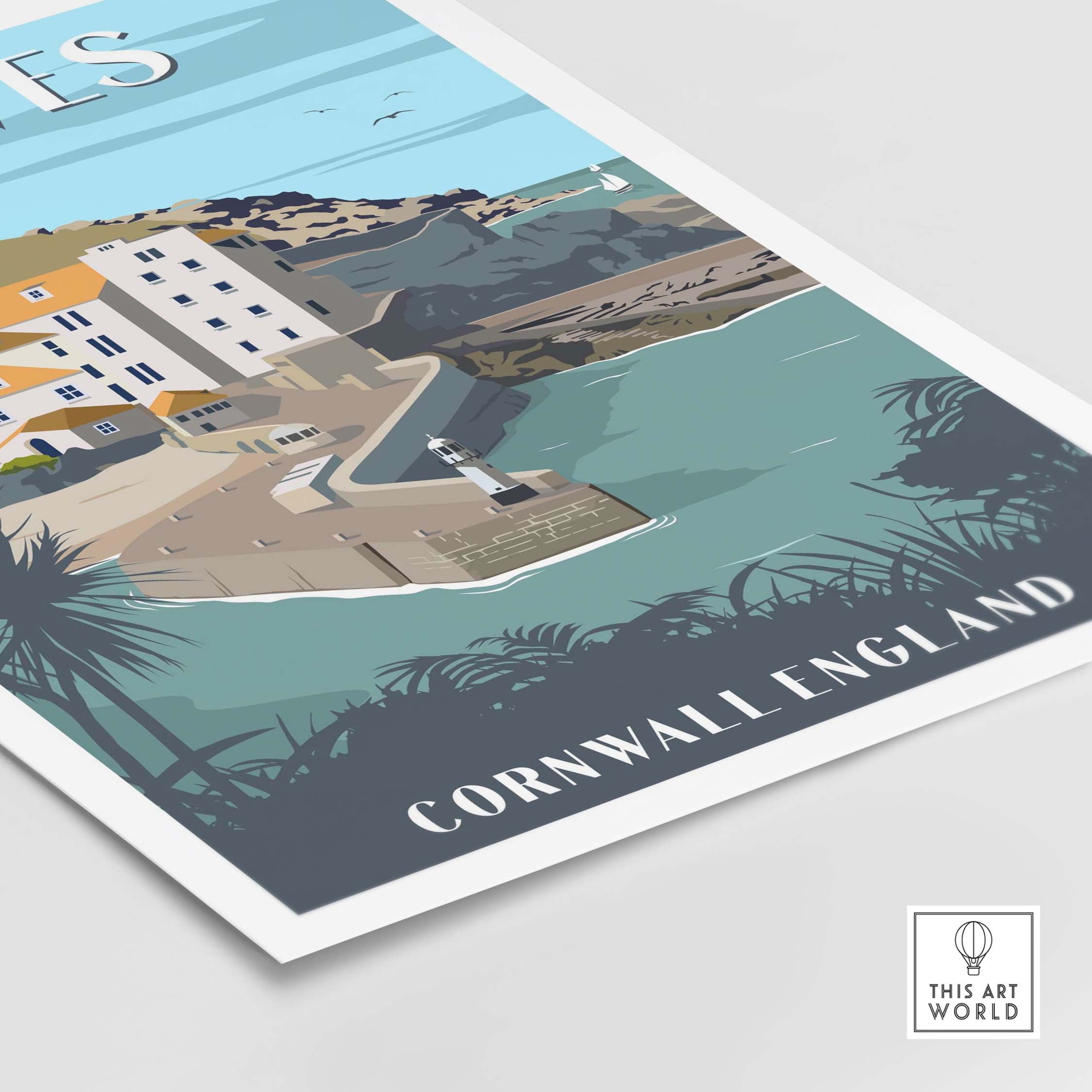 St Ives Poster Cornwall Print featuring a coastal landscape in minimalist style, ideal for home or office decor.