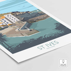 St Ives poster print showcasing coastal scenery and architecture in Cornwall, England.