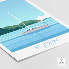 Virgin Islands St John print featuring a sailboat on calm waters with lush green hills in the background.