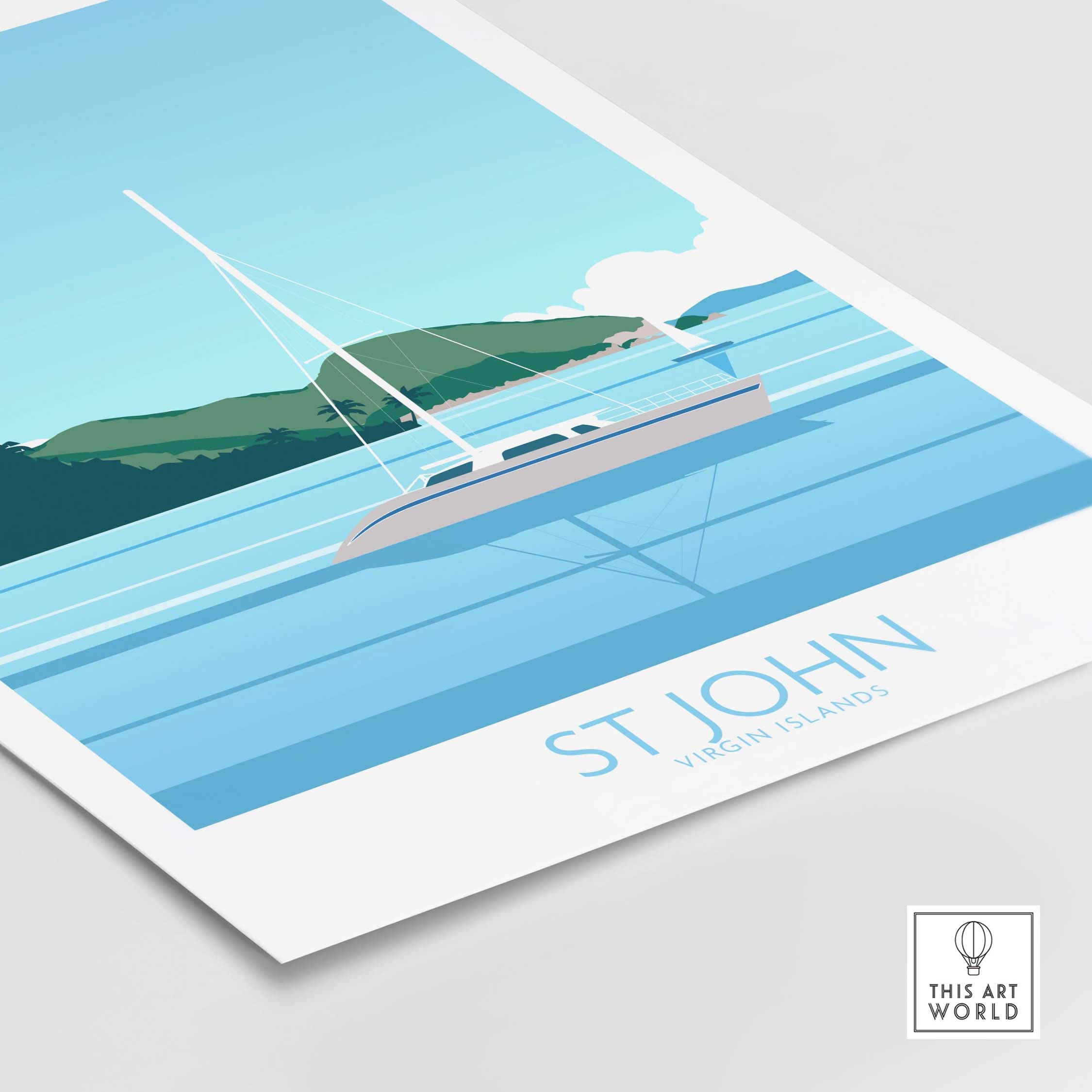 Virgin Islands St John print featuring a sailboat on calm waters with lush green hills in the background.