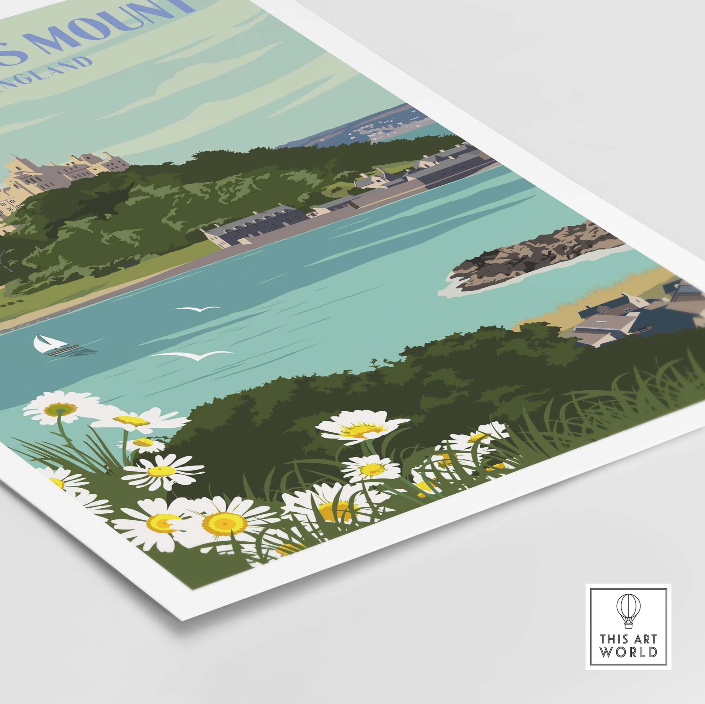St Michael's Mount Print featuring a scenic view of the island with flowers, inspired by vintage travel posters.