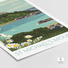 St Michael's Mount art print featuring coastal views and flowers, inspired by vintage travel posters.