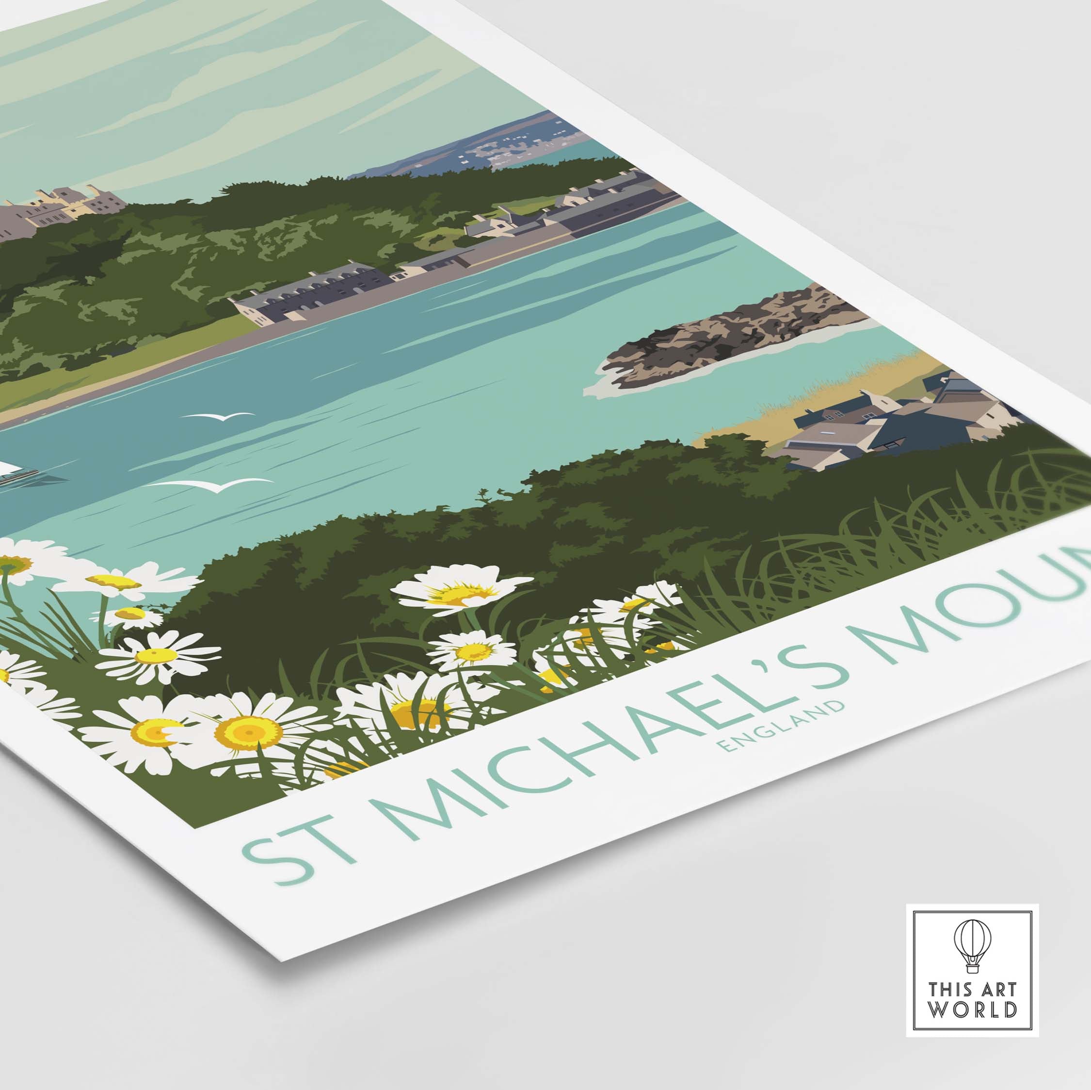 St Michael's Mount art print featuring coastal views and flowers, inspired by vintage travel posters.