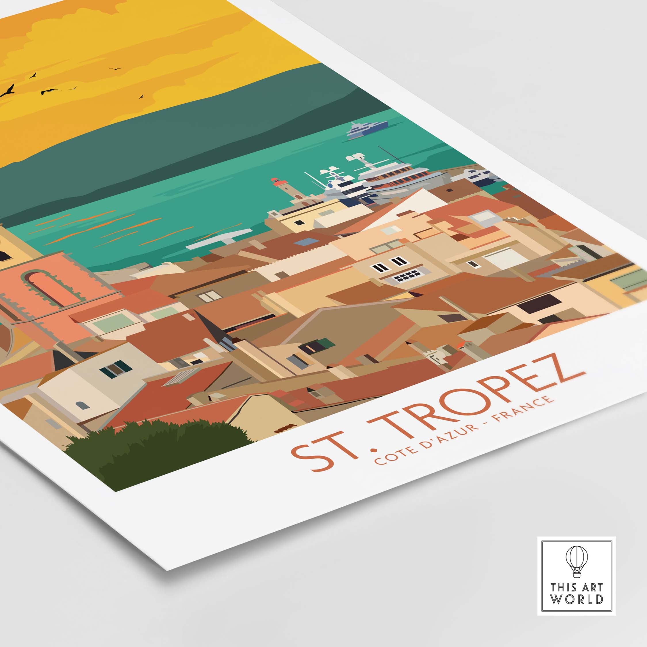 St Tropez poster print showcasing colorful buildings and scenic coastline, inspired by vintage travel art.
