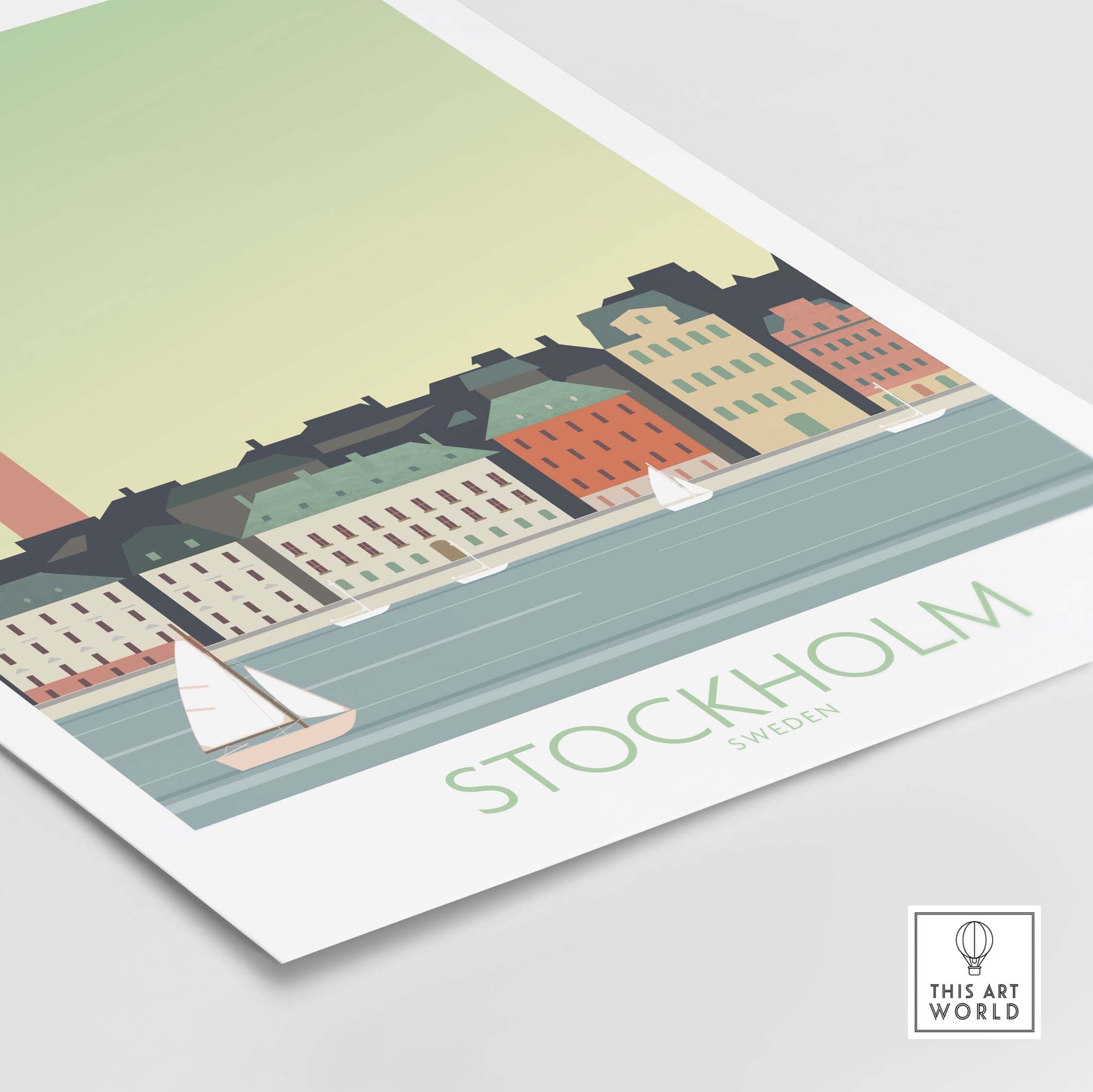 Stockholm Print Sweden Poster featuring a serene waterfront with colorful buildings and sailboats, perfect for travel art lovers.