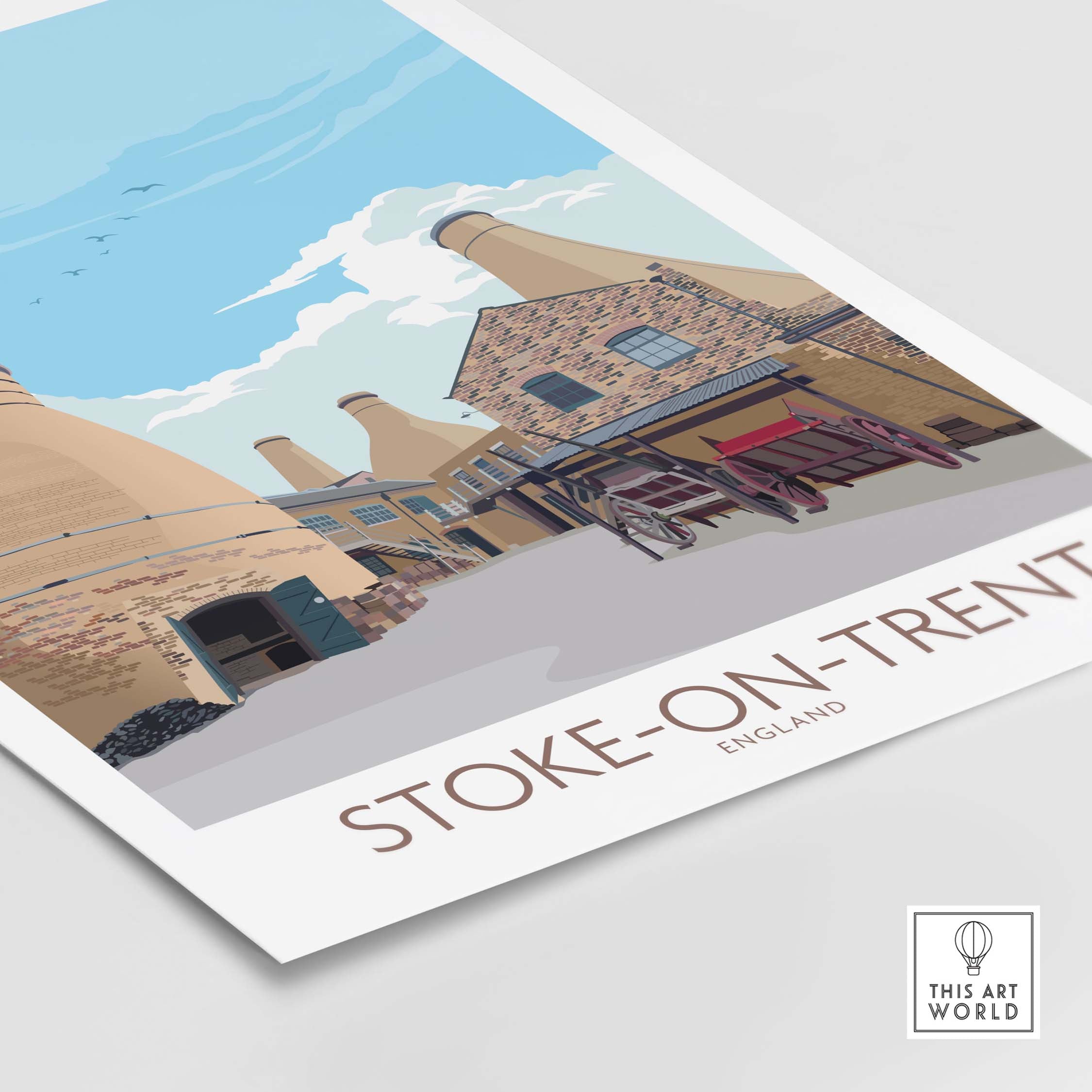 Stoke on Trent vintage travel print showcasing iconic architecture, with a blue sky backdrop.