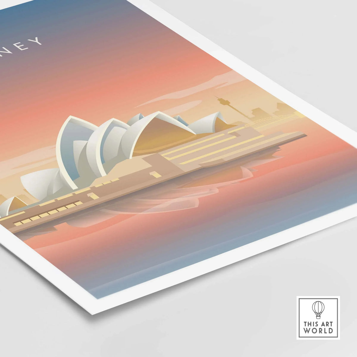 Sydney Wall Art Poster featuring the iconic Sydney Opera House against a colorful sunset sky.