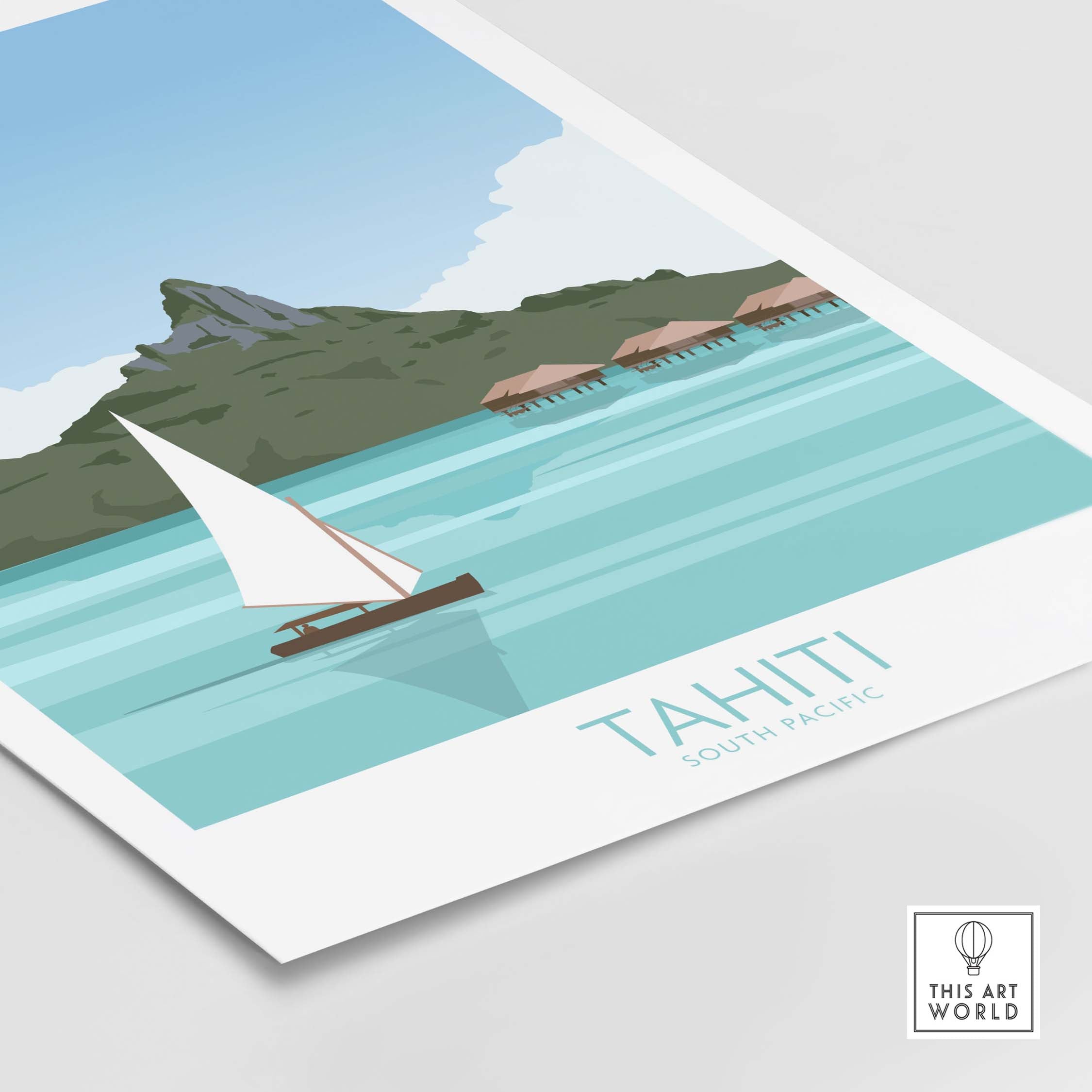 Tahiti art print travel poster featuring a sailboat on turquoise waters with lush mountains in the background.