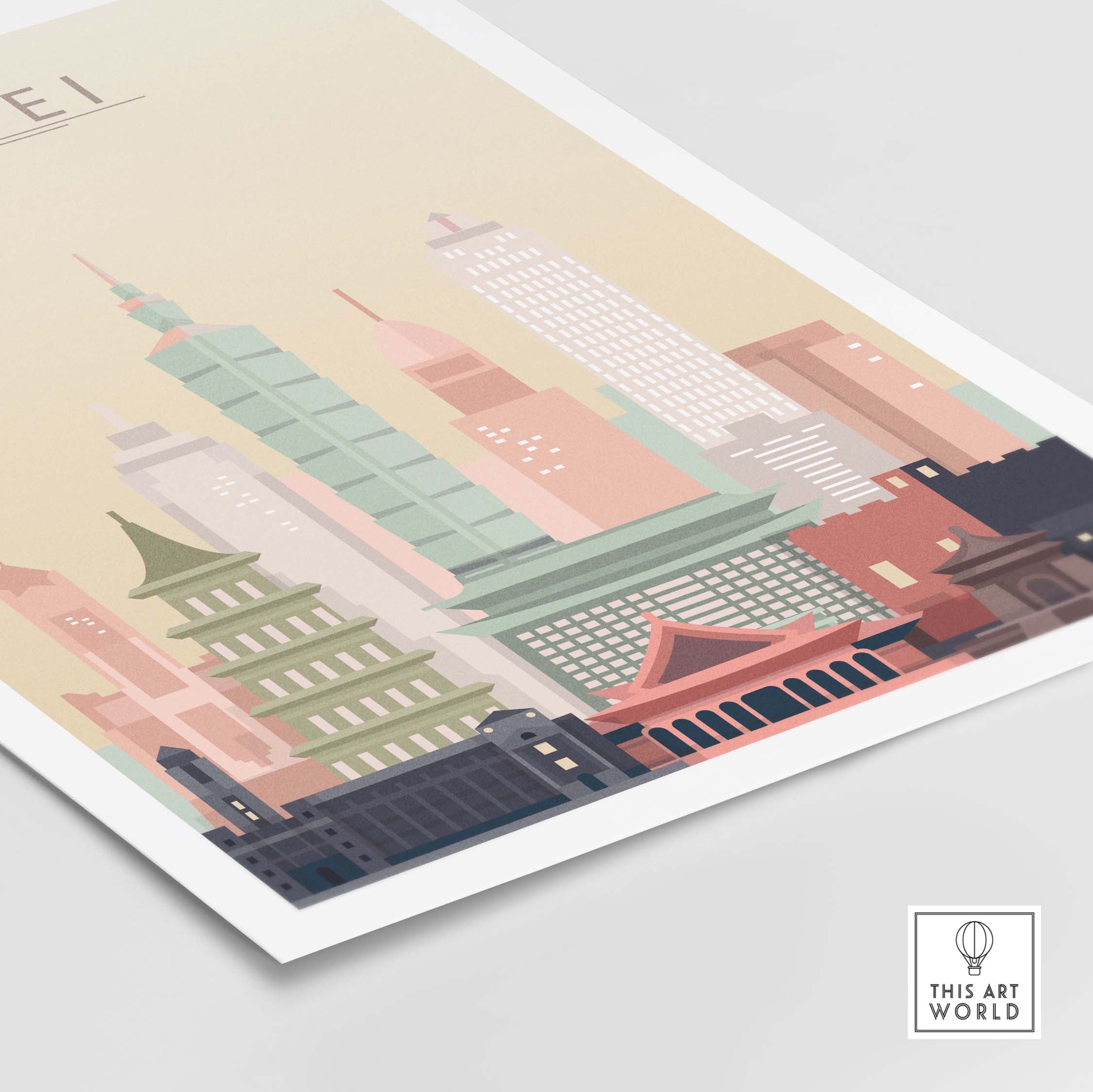Taipei City skyline wall art print in warm pastel colors, showcasing iconic buildings and architectural beauty.