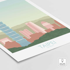 Taipei Print Taiwan Travel Poster featuring iconic city skyline with vintage-inspired design and soft pastel colors.