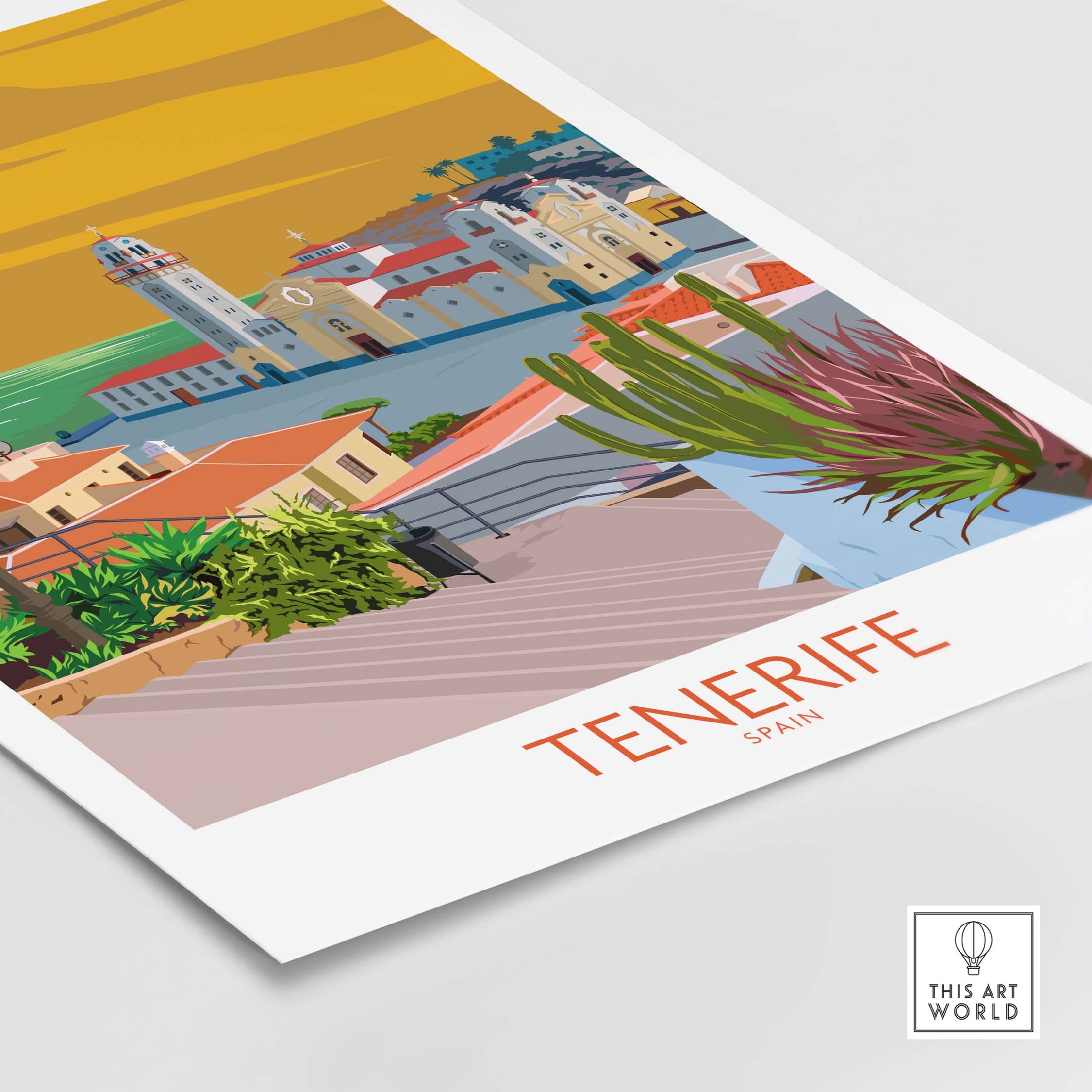 Tenerife Poster Spain Print featuring colorful vintage-style illustration of Canary Islands landscape.