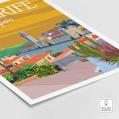 Vintage Tenerife Poster Print Wall Art showcasing buildings and coastal scenery in vibrant colors.