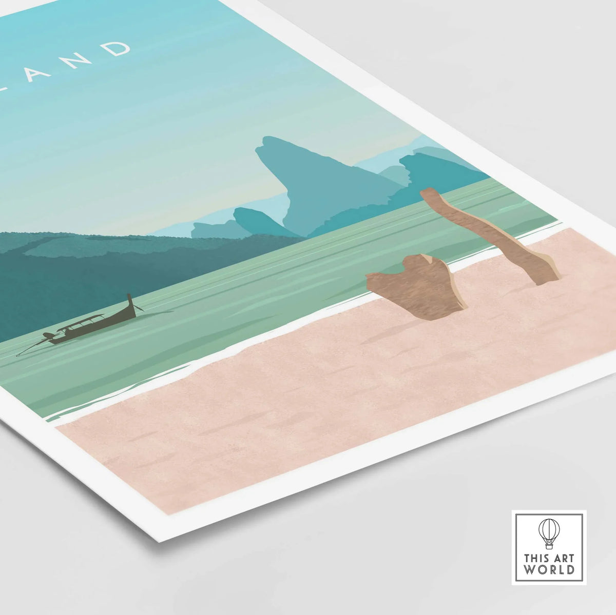 Thailand Print Wall Art Poster featuring serene beach and mountains, designed for travel lovers and home decor.