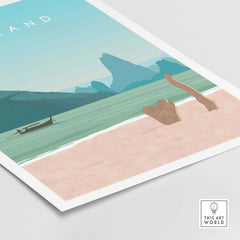 Thailand Print Wall Art Poster featuring serene beach and mountains, designed for travel lovers and home decor.