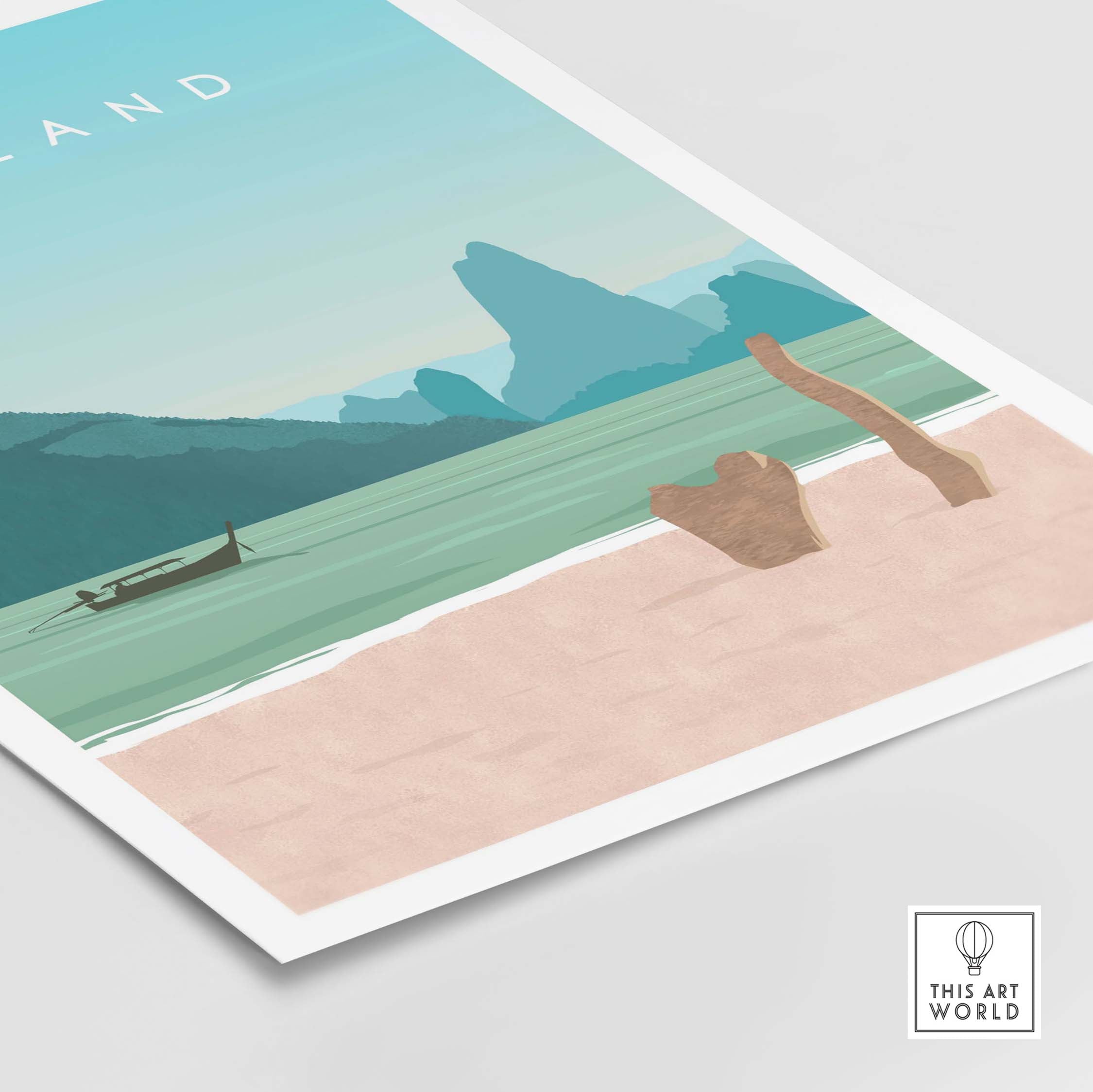 Thailand Print Wall Art Poster featuring serene beach and mountains, designed for travel lovers and home decor.