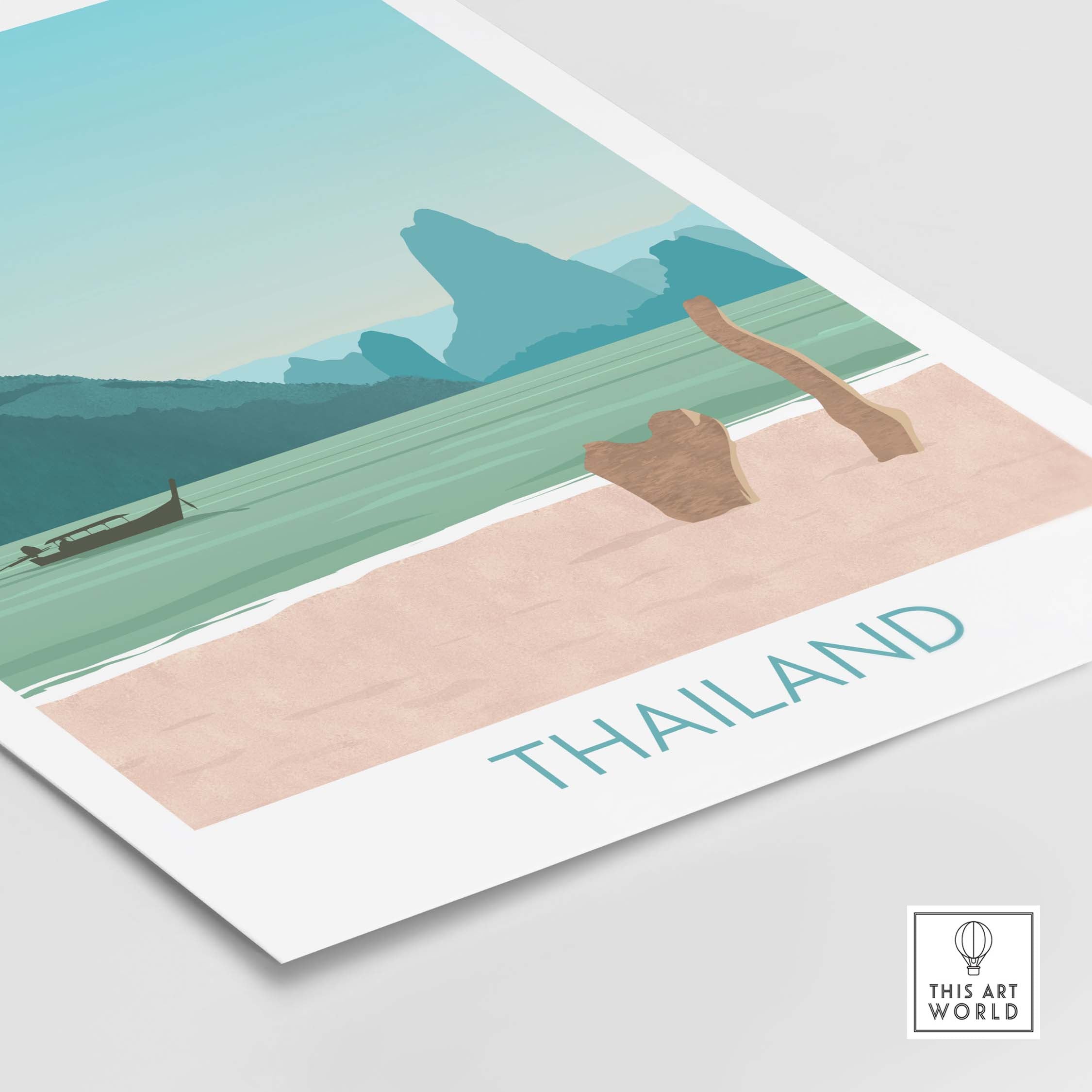 Thailand print travel poster showcasing a serene beach landscape with mountains and a boat.
